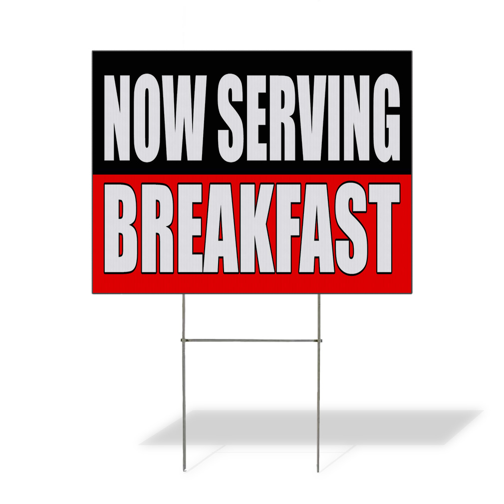 Weatherproof Yard Sign Now Serving Breakfast Food Fair Promotion Red Lawn Garden