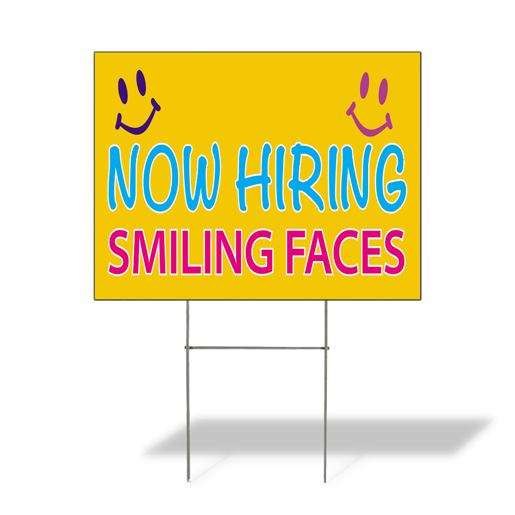 Weatherproof Yard Sign Now Hiring Smiling Faces B Yellow Lawn Garden