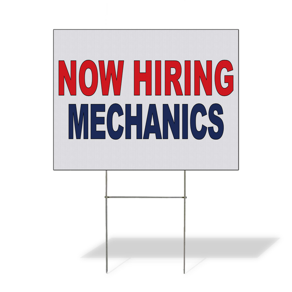 Weatherproof Yard Sign Now Hiring Mechanics Red Blue Lawn Garden