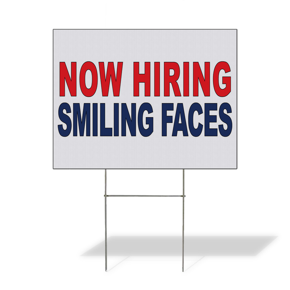 Weatherproof Yard Sign Now Hiring Smiling Faces Red Blue Lawn Garden