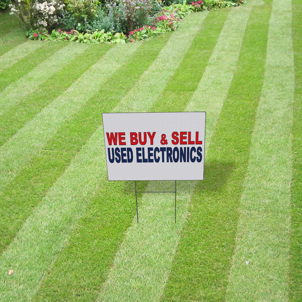 Weatherproof Yard Sign We Buy & Sell Used Electronics Red Blue Lawn Garden