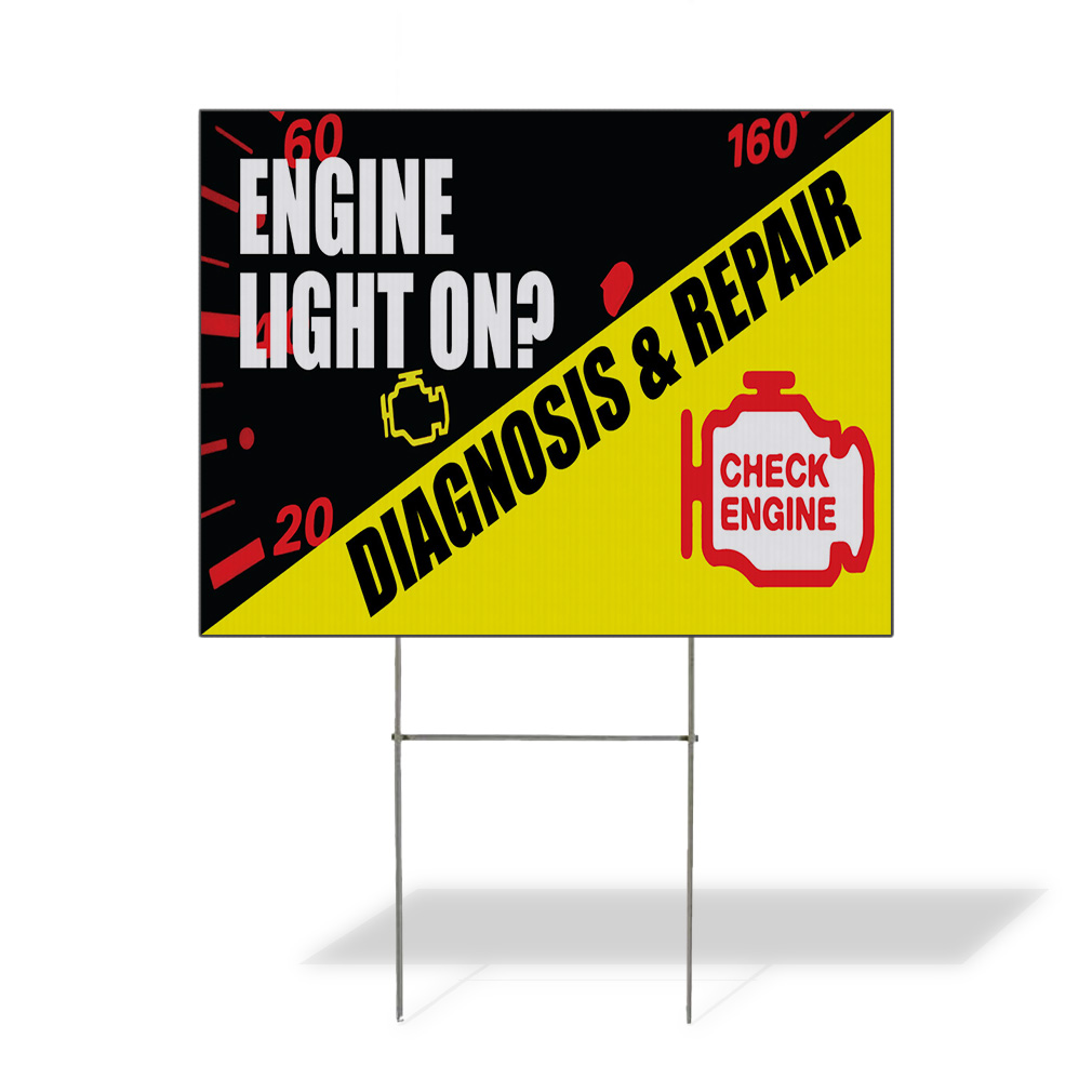 Engine Damage Sign Weatherproof Yard Sign Engine Light on Diagnosis & Repair Auto Car ...